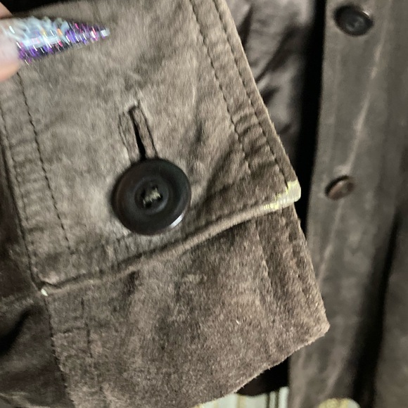 Vintage 90s genuine leather suede chocolate brown button up collared coat jacket - Picture 5 of 7